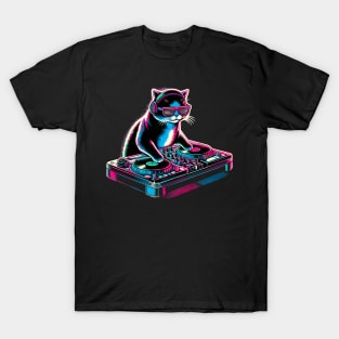 Retro Cat DJ Disco Rave Glow Party Music Funny Cat T-Shirt